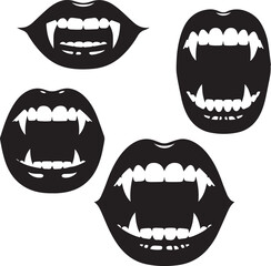 Four black silhouette vampire mouths with sharp fangs and open lips showing teeth and gums Keywords: vampire, mouth, lips, fangs, teeth, black