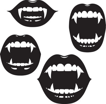 Four black silhouette vampire mouths with sharp fangs and open lips showing teeth and gums Keywords: vampire, mouth, lips, fangs, teeth, black