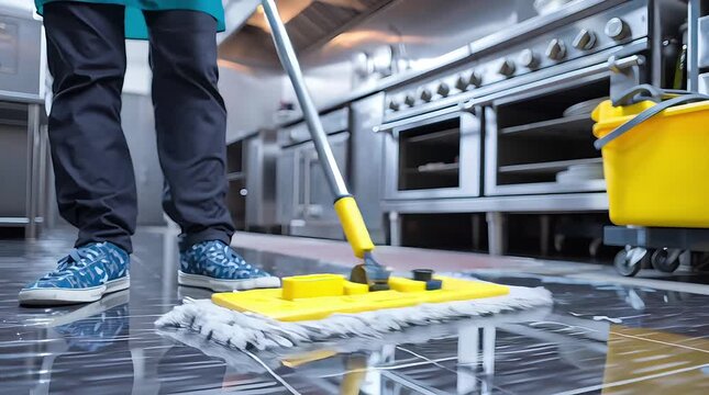 Janitor Mopping Shiny Tiled Floor in Commercial Restaurant Kitchen with Yellow Bucket 