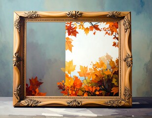 A framed artwork showing a split image of autumn leaves