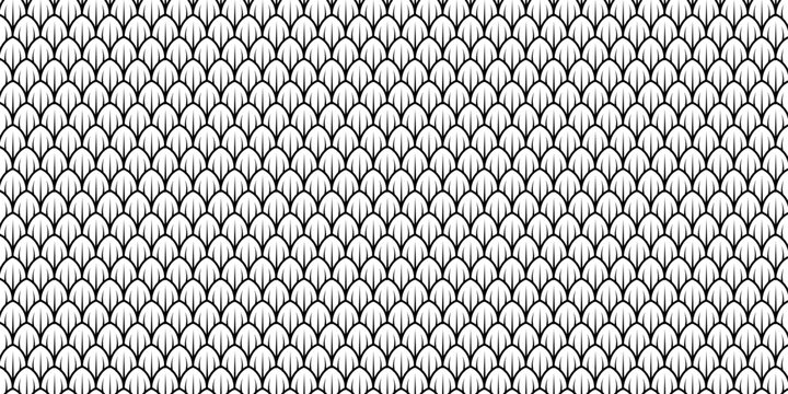 Dragon snake reptile fish mermiad scale seamless pattern tile. Dinosaur skin seamless pattern. Vector black line background.