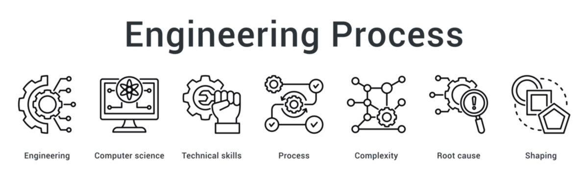 Engineering process banner web icon applies technical skills to complex processes identifying root causes for shaping solutions.