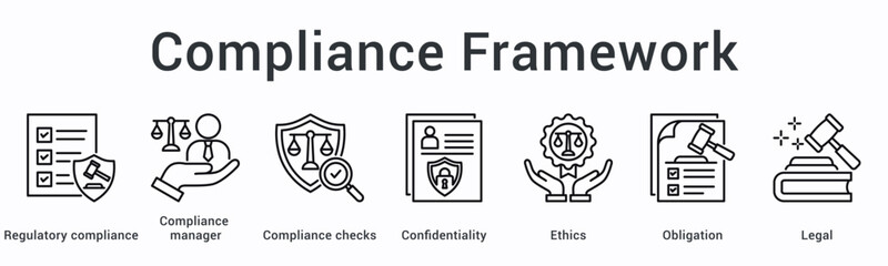 Compliance framework banner web icon establishes regulatory oversight through manager checks ensuring confidentiality ethics and obligations.