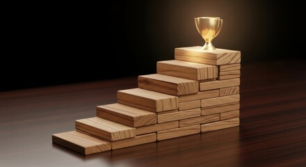 Wooden block steps leading to a glowing golden trophy on a dark wooden surface
