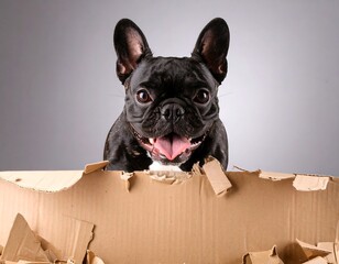 A French Bulldog peeking from a torn cardboard box