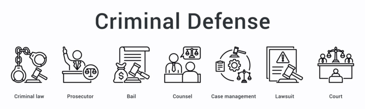 Criminal defense banner web icon involves prosecutor and bail with counsel managing lawsuit cases in court proceedings.