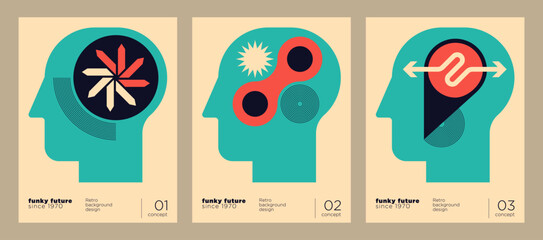 Conceptual brochure cover set with human's head silhouettes and a various geometric shapes. Vector illustration.