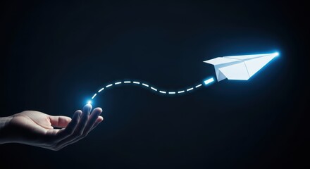 Hand launching a glowing paper airplane along a luminous dashed path in a dark digital space