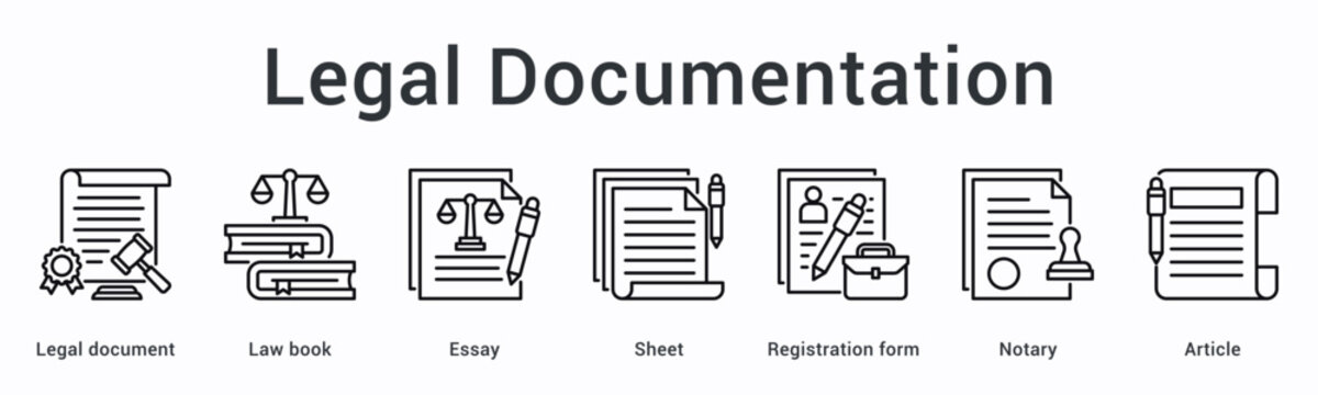 Legal documentation banner web icon organizes documents, law books, and registration forms with notary for article filing.