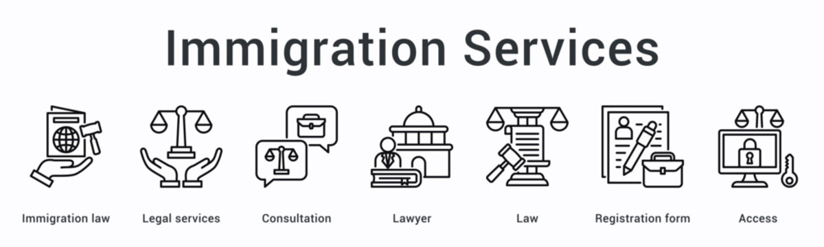 Immigration services banner web icon provides legal consultation with lawyers for registration form access under immigration law.