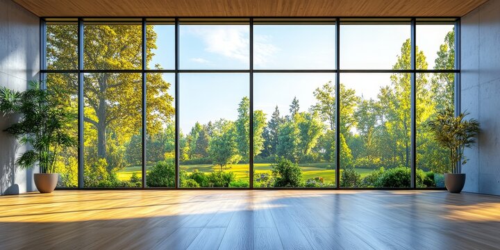 Spacious, empty room in modern office or home, with large windows offering a view of summer landscape. Luxurious wooden floors and minimalist design reflect modern architecture, Generative AI
