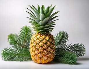 a ripe fresh pineapple fruit with a green leafy crown isolated on a white background with a pine tree branch