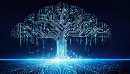 a digital tree composed of ones and zeros displayed in dark lighting