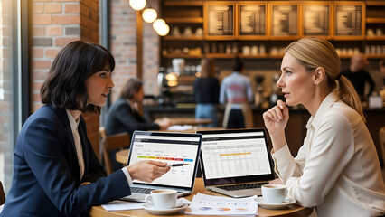 Business meeting at a cafe discussing data and ideas with two women working on laptops during morning hours