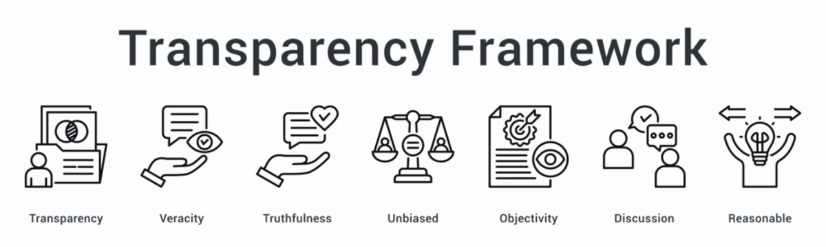 Transparency framework banner web icon promotes veracity and truthfulness with unbiased objectivity through reasonable discussion.