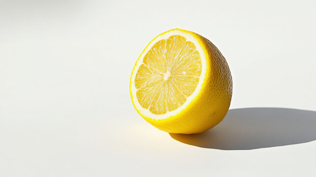 Fresh half cut lemon citrus fruit on white table with shadow and bright daylight