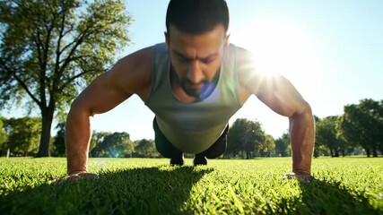 Man performs push-ups on grass in a park, fitness and exercise concept. - Powered by Adobe