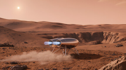 A futuristic spacecraft lands on a desolate, rocky Martian landscape.