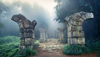 ancient stone arches shrouded in a misty forest