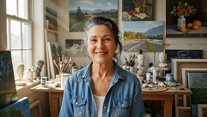 Artist stands in studio surrounded by paintings and art supplies while smiling at the viewer, showcasing creativity and passion for art in a bright workspace