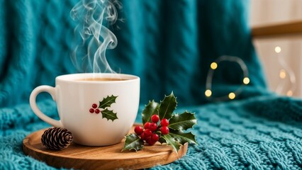 Cup of hot drink sits on wooden board with pine cone and holiday greens on knitted teal blanket near glowing lights in background during winter season