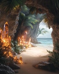 A serene tropical beach with glowing crystals, lush palm trees, and gentle waves, creating a mystical escape.