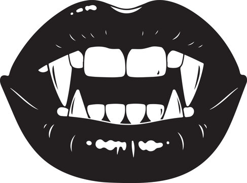 Black silhouette of vampire lips with sharp fangs bared in a menacing open mouth expression showing sharp teeth and dripping saliva on a white