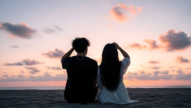 Couple silhouette sitting on sandy beach observing the beautiful pastel colored sunset over the calm ocean horizon together