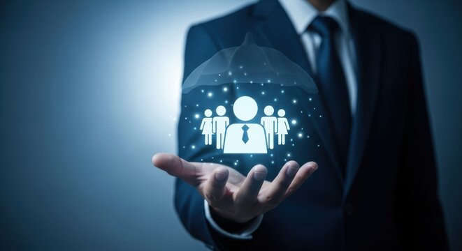 Businessman protecting employee icons with a virtual umbrella on a dark blue background