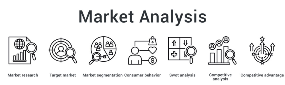 Market analysis banner web icon examines target market segmentation and consumer behavior through competitive advantage assessment.
