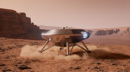 Landing on Mars: A futuristic spaceship on a red, rocky planet.