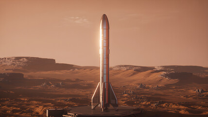 Silver rocket on platform on Mars, with red land and canyons.