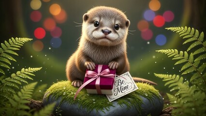 Cute otter holds a gift with a message in a forest setting during a festive time of year surrounded by colorful lights