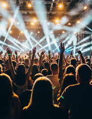 Large crowd attending a concert with bright stage lights and raised hands.