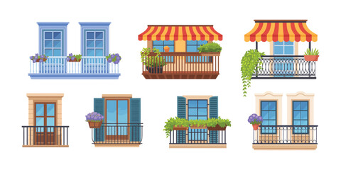 Set of European balconies and windows with flowers, traditional building facade elements with wrought iron railings, plants and awnings isolated on white background illustration.