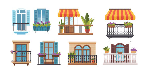Set of European balconies and windows with flowers, traditional building facade elements with wrought iron railings, plants and awnings isolated on white background illustration.