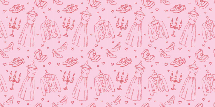 Wedding fashion and accessories seamless pattern on pink background, bridal dress and groom suit attire hand drawn doodle vector wallpaper
