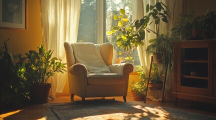 Sunlight streaming into a serene room, creating a peaceful and calming ambiance. Cozy furniture, soft shadows, and natural light combine to create the perfect space for home decor, Generative AI