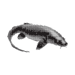 A detailed halftone illustration of a small lizard with a curved pose