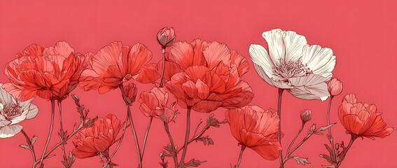 single line art vector flower illustration, outline set of blooming flowers