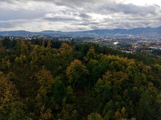 Obraz premium Suburban Skyline With Natural Surroundings, Aerial Perspective Of City Edges And Lush Tree Canopies