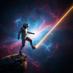 Fototapeta premium Astronaut Stepping on a Beam of Light in a Cosmic Landscape.