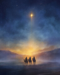 Fototapeta na wymiar Watercolor illustration of biblical Magi (Three Wise Men) riding camels across a desert under a starry night, guided by the glowing Star of Bethlehem.