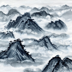 Traditional Chinese ink wash painting of misty mountains with trees.