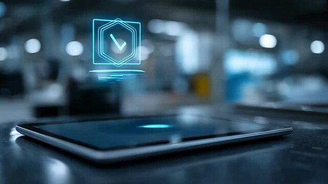 Digital badge glowing on a tablet screen in a modern workspace symbolizing verified hygiene credentials in a techsavvy business.