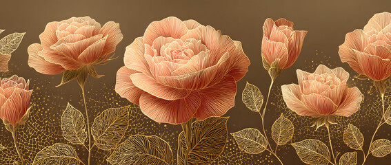 Luxury golden rose flower line art background vector. Natural botanical elegant flower with gold line art. Design illustration for decoration, wall decor, wallpaper, cover, banner, poster, card.