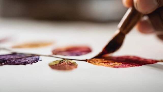 Creative process of decorating a handmade bookmark with vibrant pressed petals and leaves emphasizing personalized floral designs for stationery.