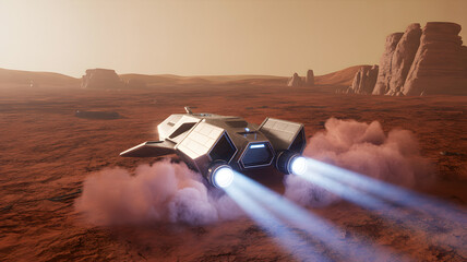 Spaceship flying over the Mars surface with canyons and red dust.