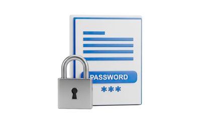 Padlock protecting a password document on transparent background