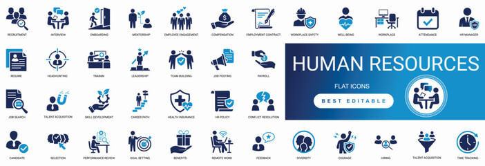 Human resources HR solid icon set featuring recruitment management employee career, hiring job team staff person, and interview corporate business employment editable vector icons.